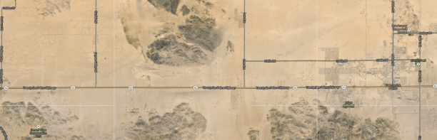 The same basic area on Google Maps. JT National Park is south of the highway, Copper Mountain to the north in the middle. Two Mile Road is not paved in JT, so it's hard to see.